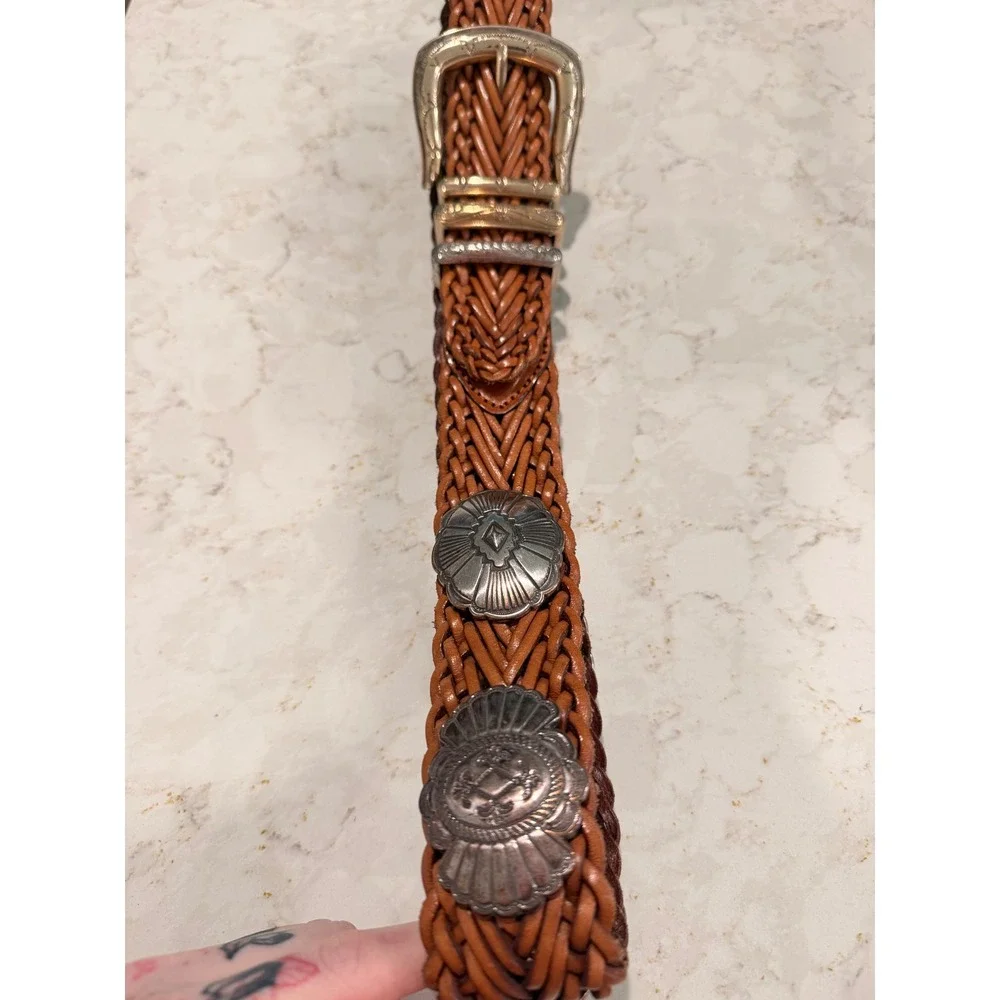 Vintage Braided Leather Concho Belt Brown Western Woven Silver Tone Buckle 69606